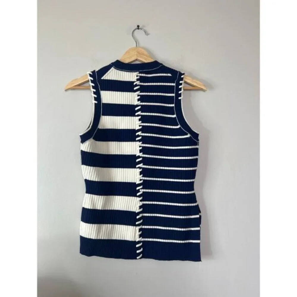 NEW Simkhai Joelene Asymmetric Fitted Striped Wool-Blend Top Navy Blue Size: XS - Picture 6 of 7